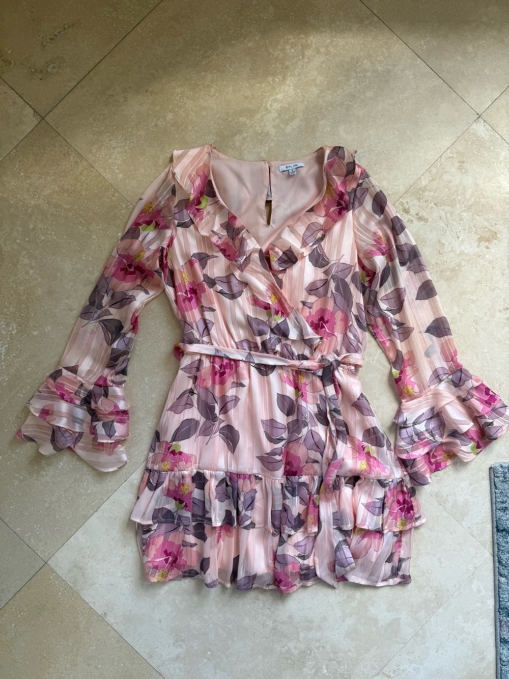 BTFL-Life Floral Pink Ruffled Midi Dress with Belt